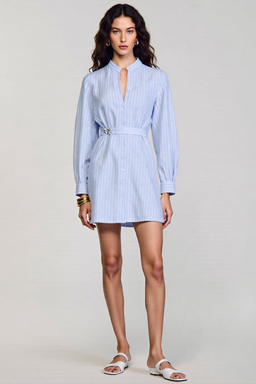 Long Sleeve Blue Stripes Bodycon Short Work Dress With Belt
